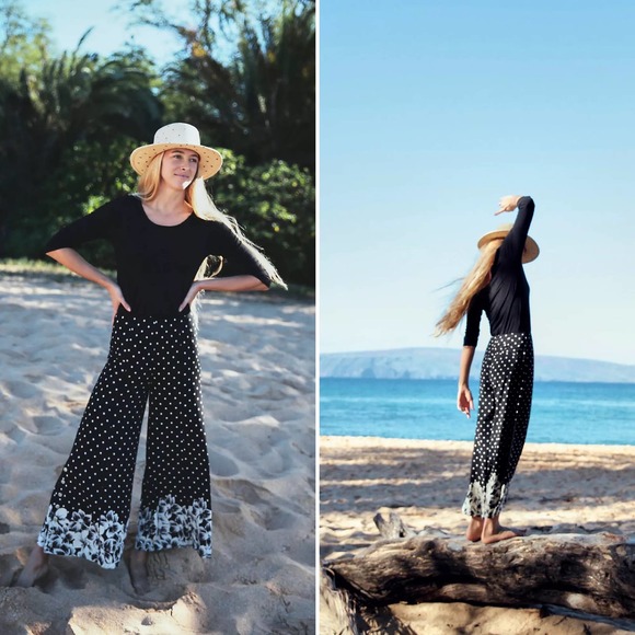 Anthropologie Chesapeake Wide-Legs Black White Polka Dot Floral Pants Size‎ 4 - Picture 1 of 16